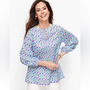 Talbots Split Neck Pin-tuck Top Medallion Floral Tunic Blouse 3/4 Sleeves XL